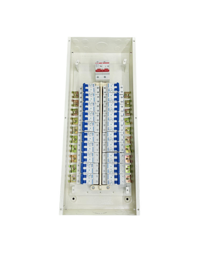 Panel Board 100A 2Pole Main electrical circuit breaker panel with multiple switches in white enclosure