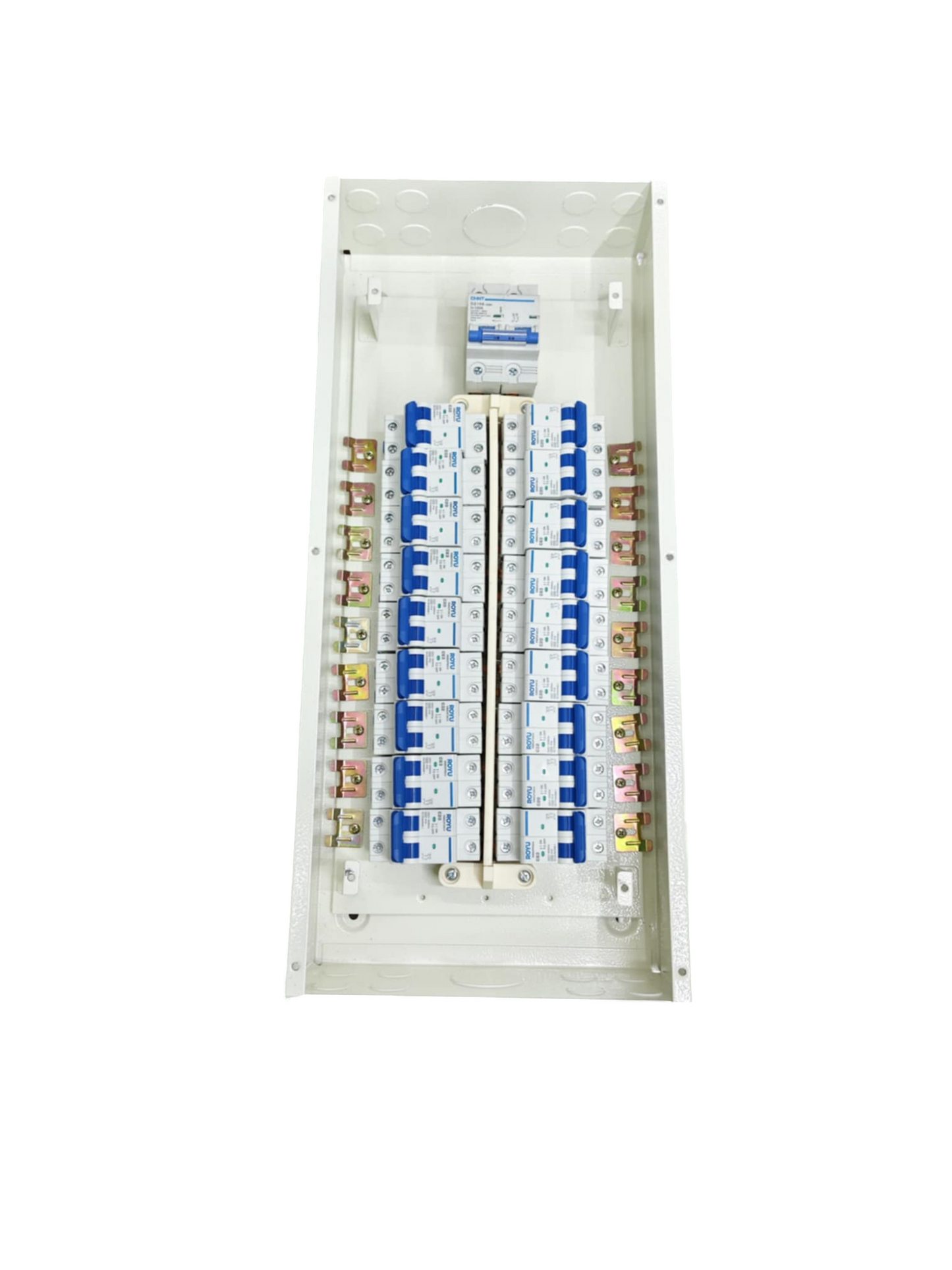 Panel Board 18 Branches for Miniature 2P. White metal distribution board with rows of blue 2P breakers by Chint Koten Royu