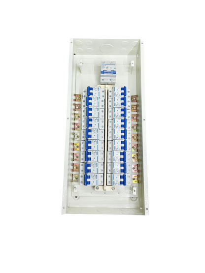 Panel Board 18 Branches for Miniature 2P. White metal distribution board with rows of blue 2P breakers by Chint Koten Royu