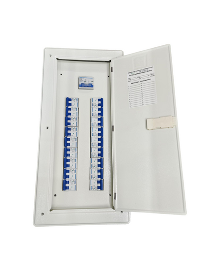 Open white electrical panel showing 18 blue breakers in two columns and label Panel Board 18 Branches for Miniature 2P