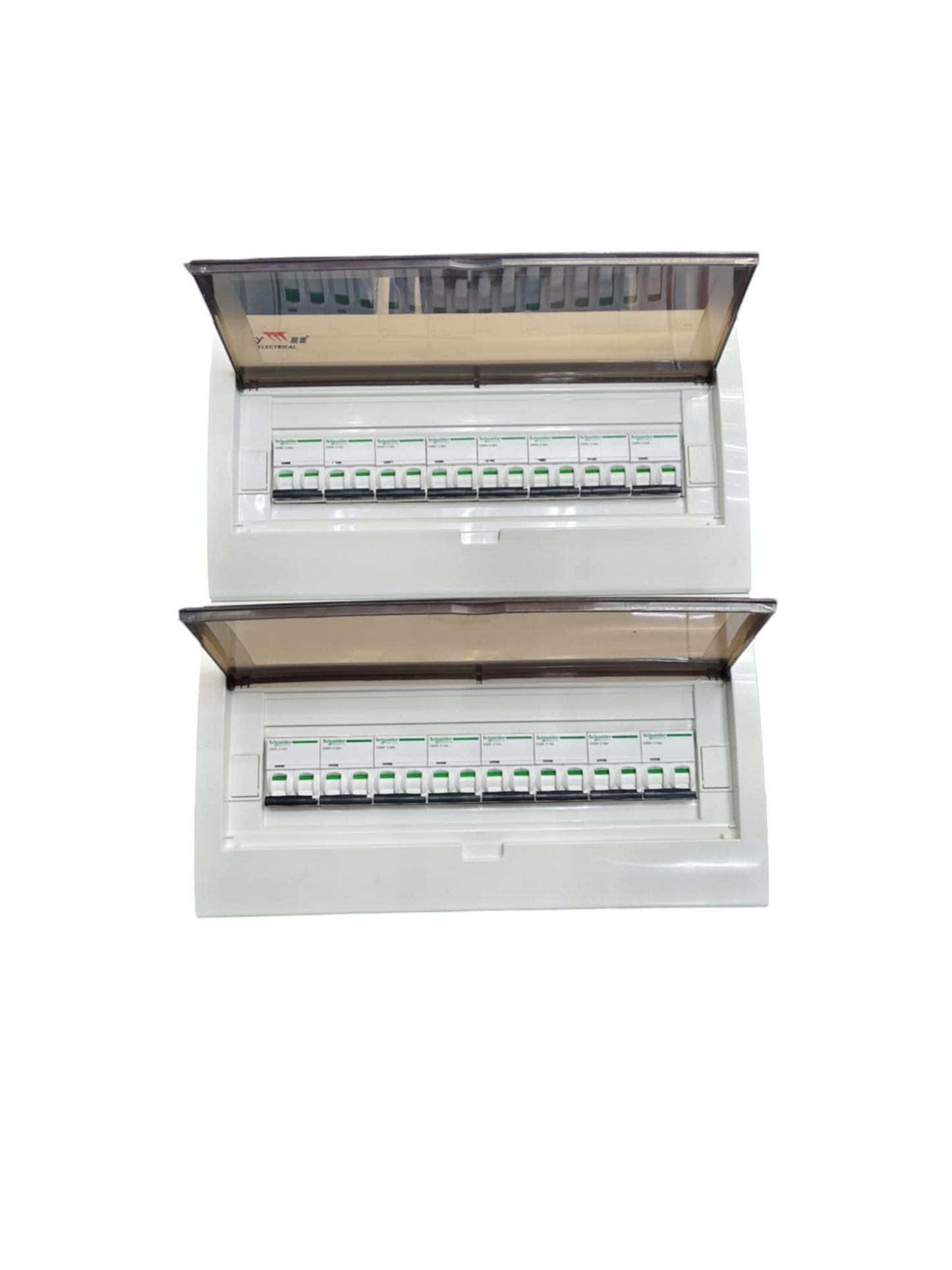 Schneider and ZY Panel Board 50A 2 Pole Main Miniature with multiple circuit breakers and transparent cover