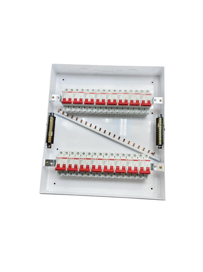 Panel Board 50A 2 Pole Main Miniature electrical circuitry part with multiple circuit breakers inside white enclosure