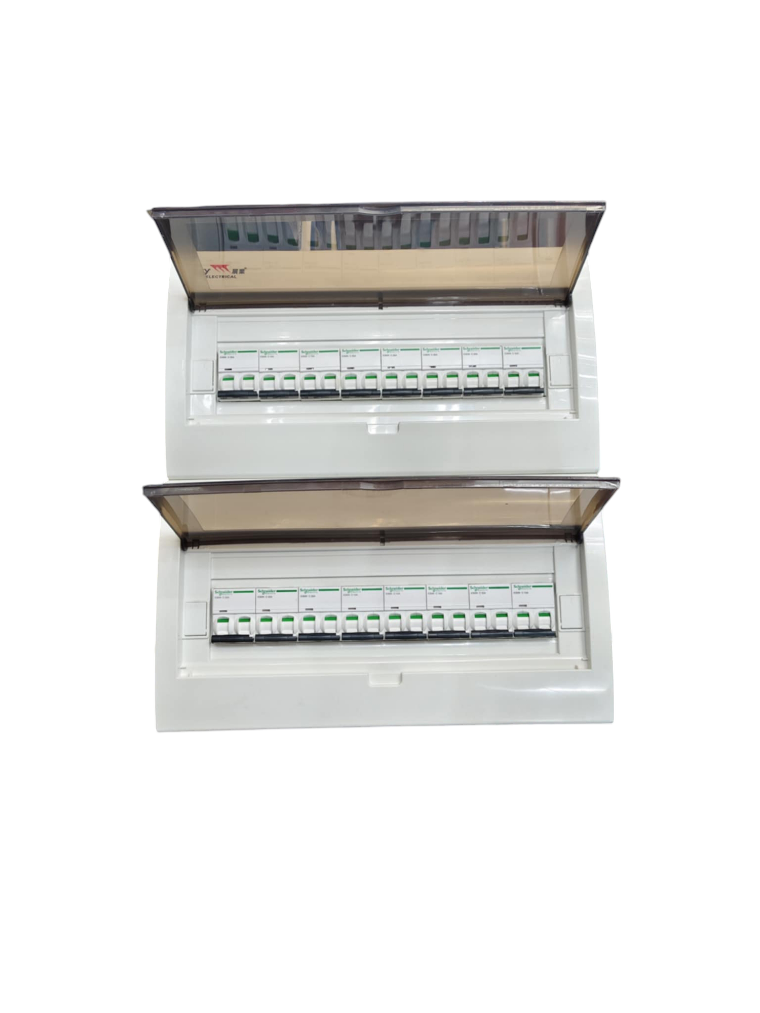 Schneider and ZY Panel Board 63A 2 Pole Main Miniature with multiple circuit breakers and transparent covers