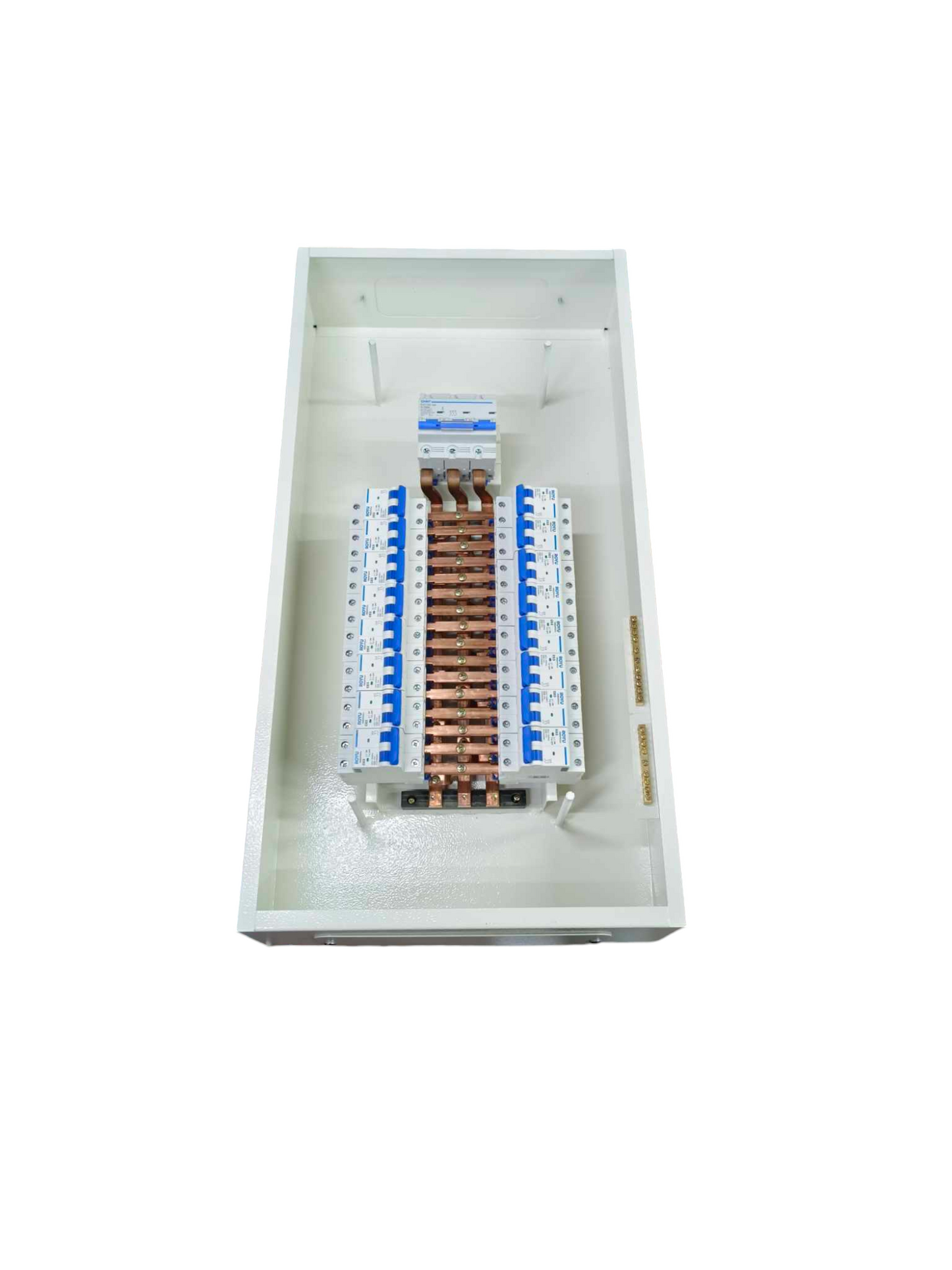 White metal electrical enclosure showing Panel Board for MCB 100A Main 2P with copper busbar and multiple MCBs