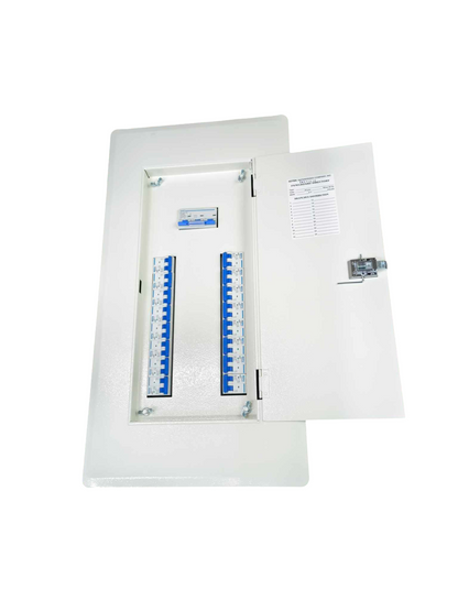 Panel Board for MCB 100A Main 2P metal distribution board with open door showing dual rows of blue MCBs