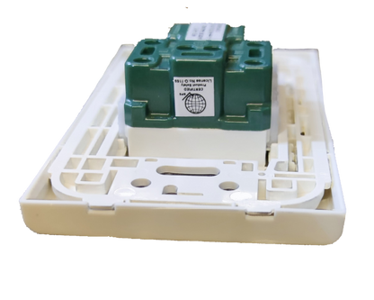 Panasonic Quick Connect Tandem Outlet 1 Gang 20A rear view green module on white wall plate