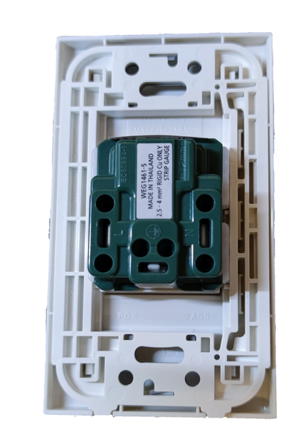 Panasonic Quick Connect Tandem Outlet 1 Gang 20A green outlet module installed in white wall plate frame