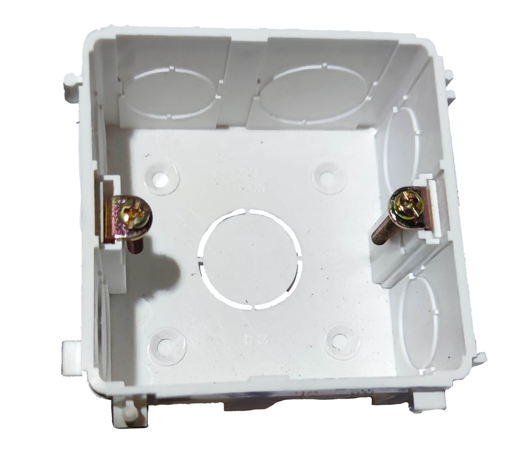 Bull square flush type utility box for electrical circuitry with mounting screws and knockout holes