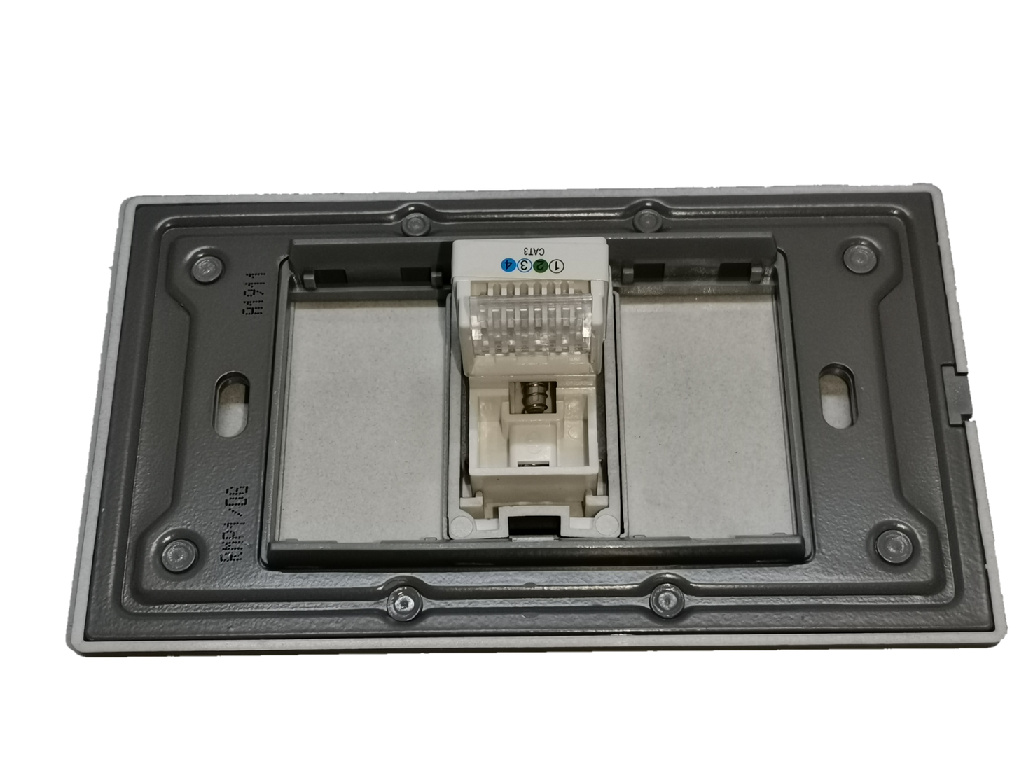 Royu Telephone Outlet with Plate Dark Gray showing rear view RJ11 jack and mounting plate