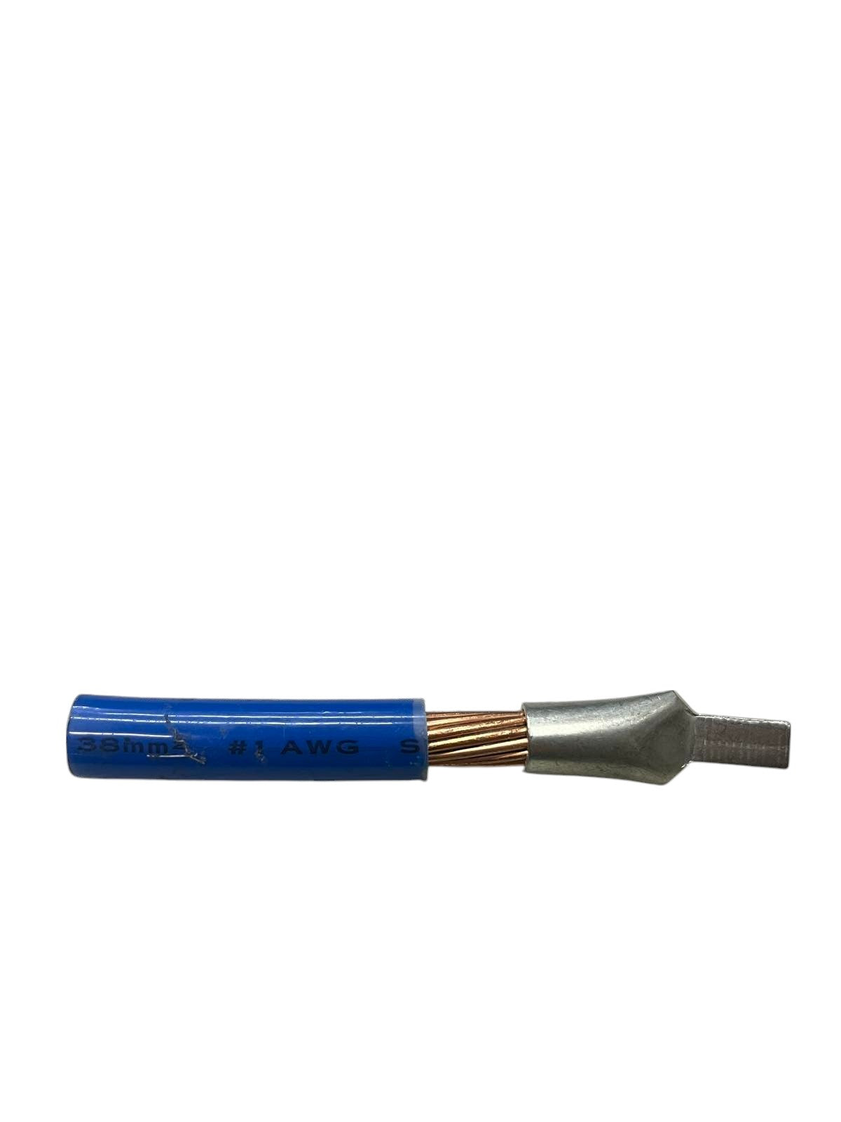 Terminal Lugs for Miniature with blue insulated wire and exposed copper strands for electrical circuitry