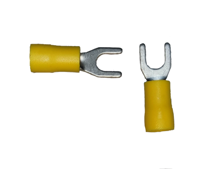 Terminal Lugs Y Type Yellow Insulation two insulated spade connectors for electrical circuitry on black background