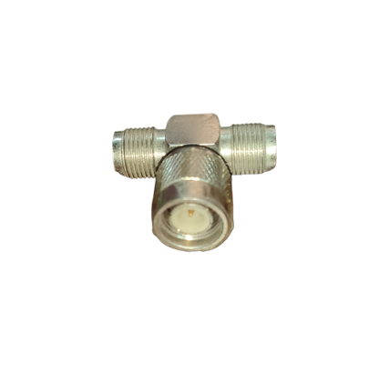 Local electrical circuitry TNC T Type Connector with three metallic threaded ports on black background