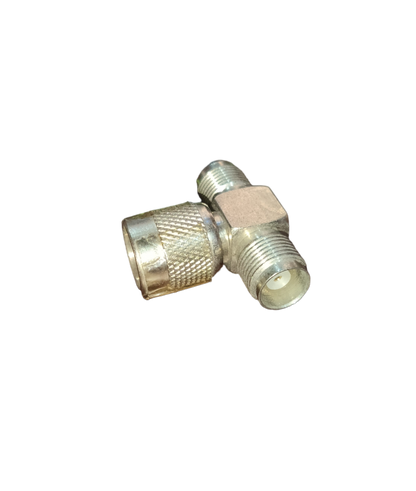 Close-up of a metal TNC T Type Connector used in electrical circuitry and parts