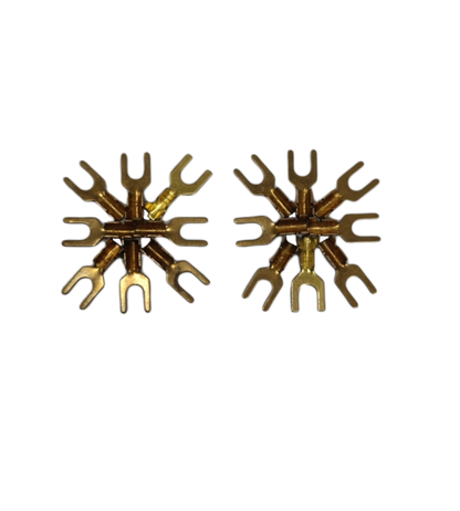 Two gold plated Y Terminal 2.0mm Y-111 electrical connectors arranged on black background