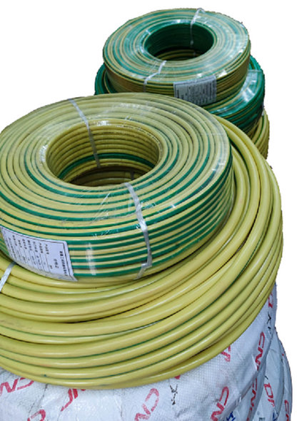 Coils of yellow and green grounding cable from China showing yellow green earth wire 90 meters for electrical grounding