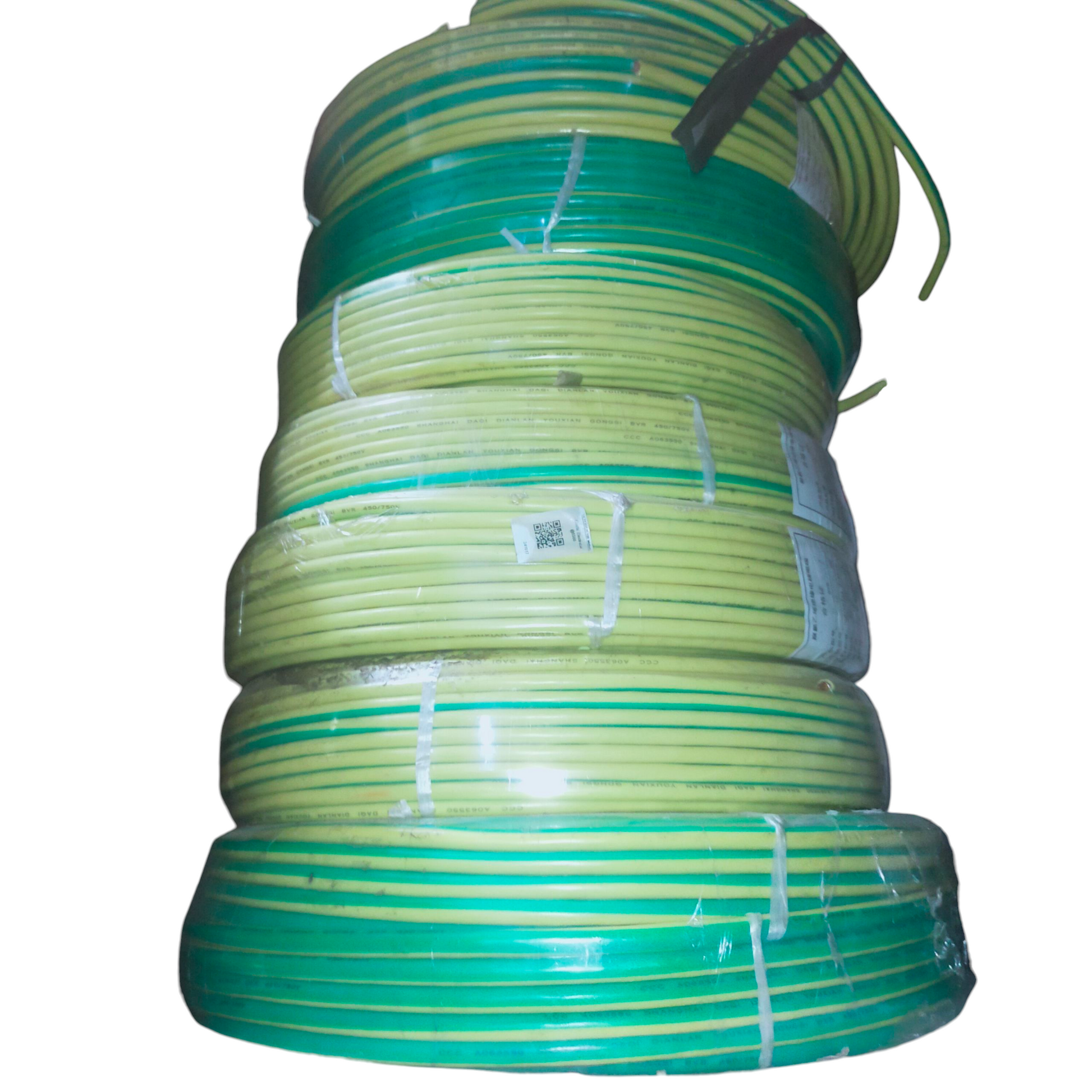 Coils of yellow green earth wire 90 meters stacked on reels for electrical grounding applications from China vendor