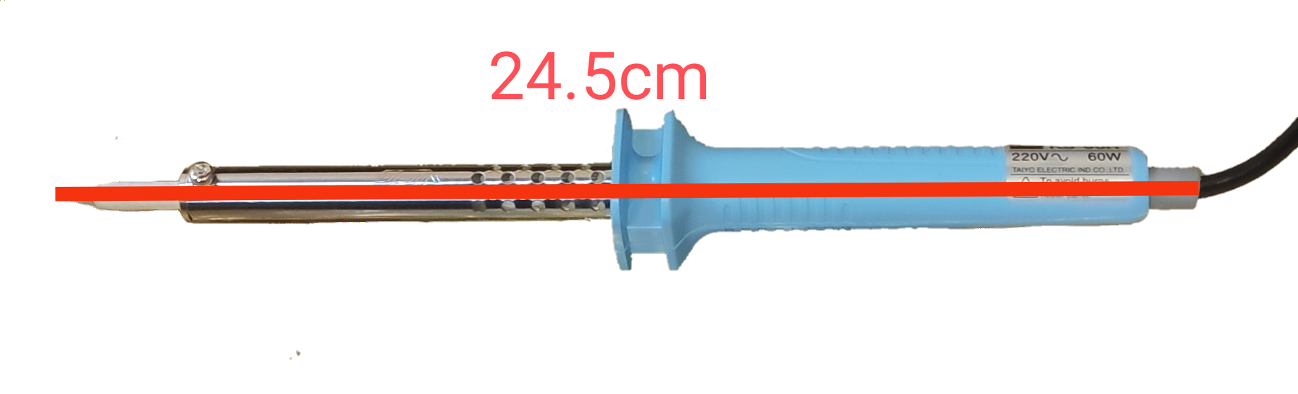 Goot 60W soldering iron with blue handle and long pointed metal tip measuring 24.5 cm