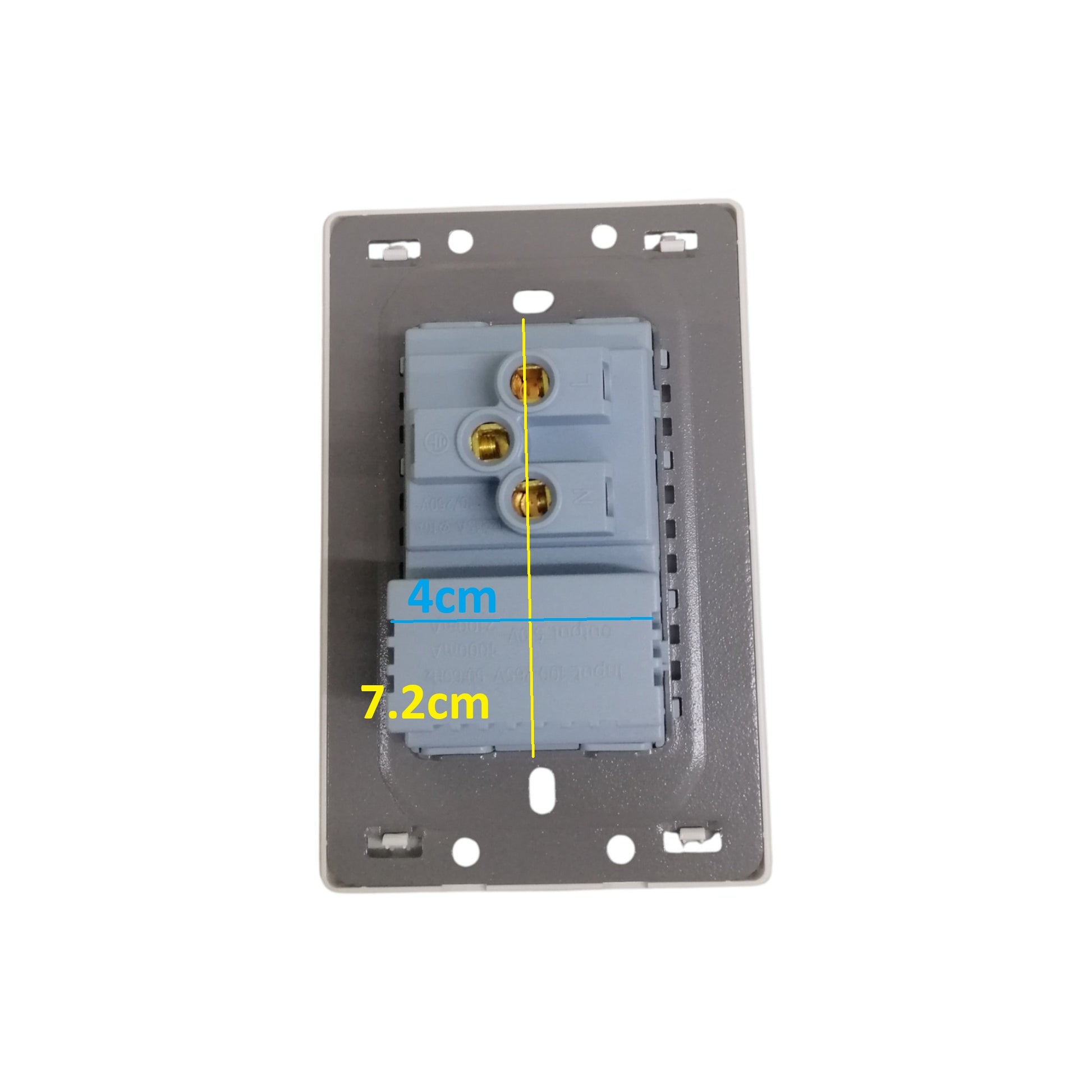Grazen 1 gang outlet with USB-C and USB-A showing back view with wiring connections and dimensions