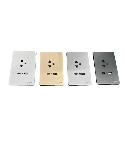 Grazen 1 gang outlet with USB-C and USB-A in white gold silver and black colors