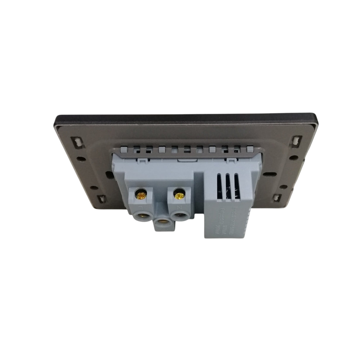 A rear view of a dark gray electronic module or panel with a light gray terminal connector block, shown on a plain white background.