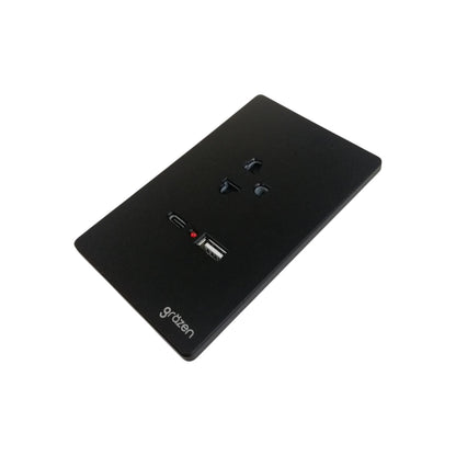 A black Gbitzen multi-port USB charger power strip with two outlets and four USB-A ports, shown on a plain white background.