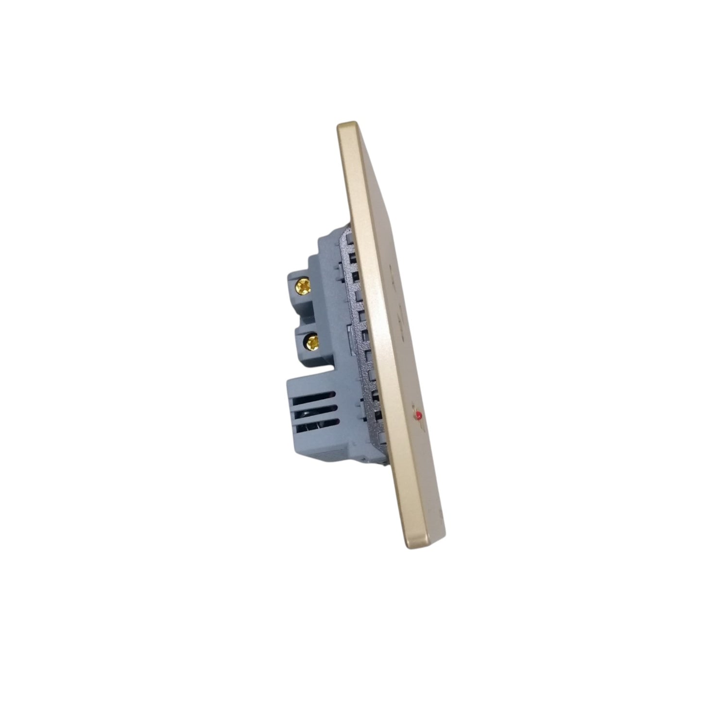 A modern wall switch panel shown from a side profile view, featuring a slim rectangular faceplate in a warm beige finish and a gray mounting bracket with gold screw terminals, isolated on a white background.