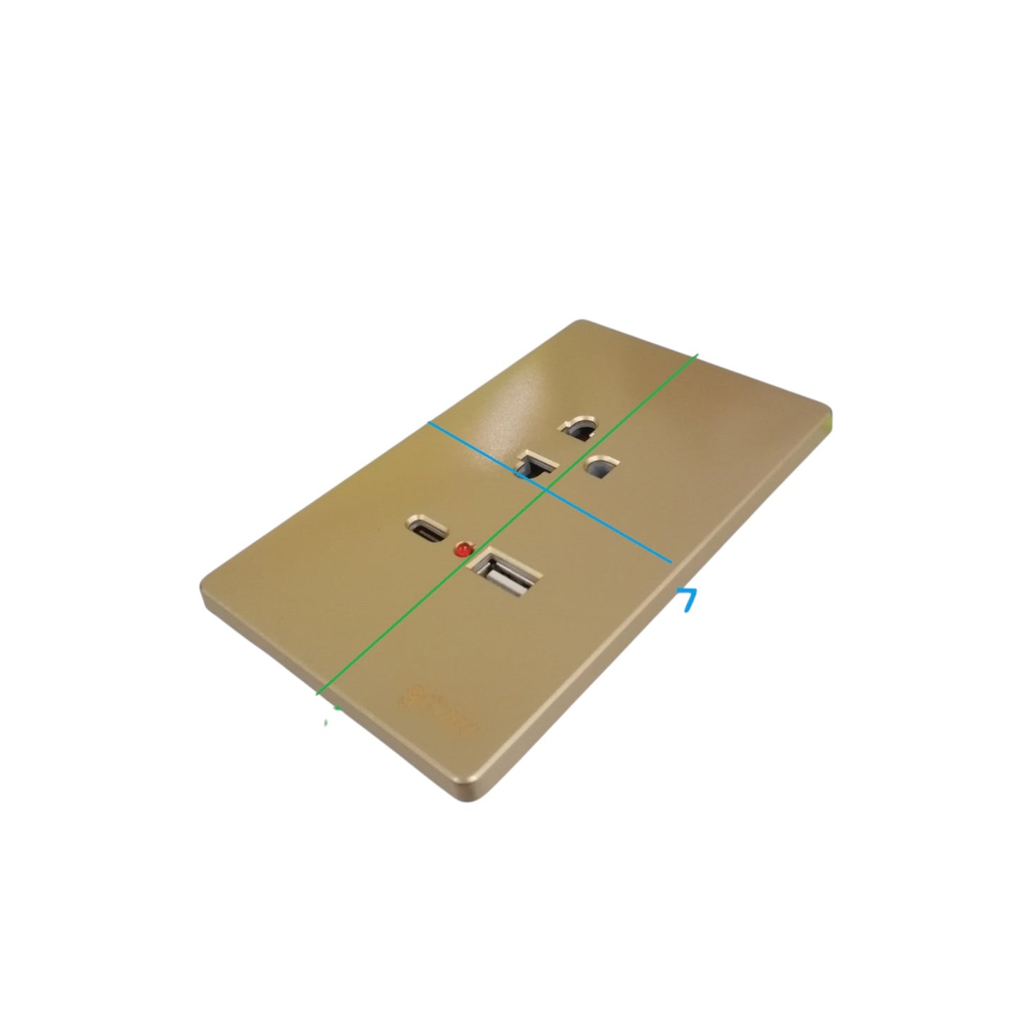 A single two-way wall switch plate with a USB charging port, finished in a metallic gold/champagne color, shown on a plain white background with green and blue measurement lines overlaid.
