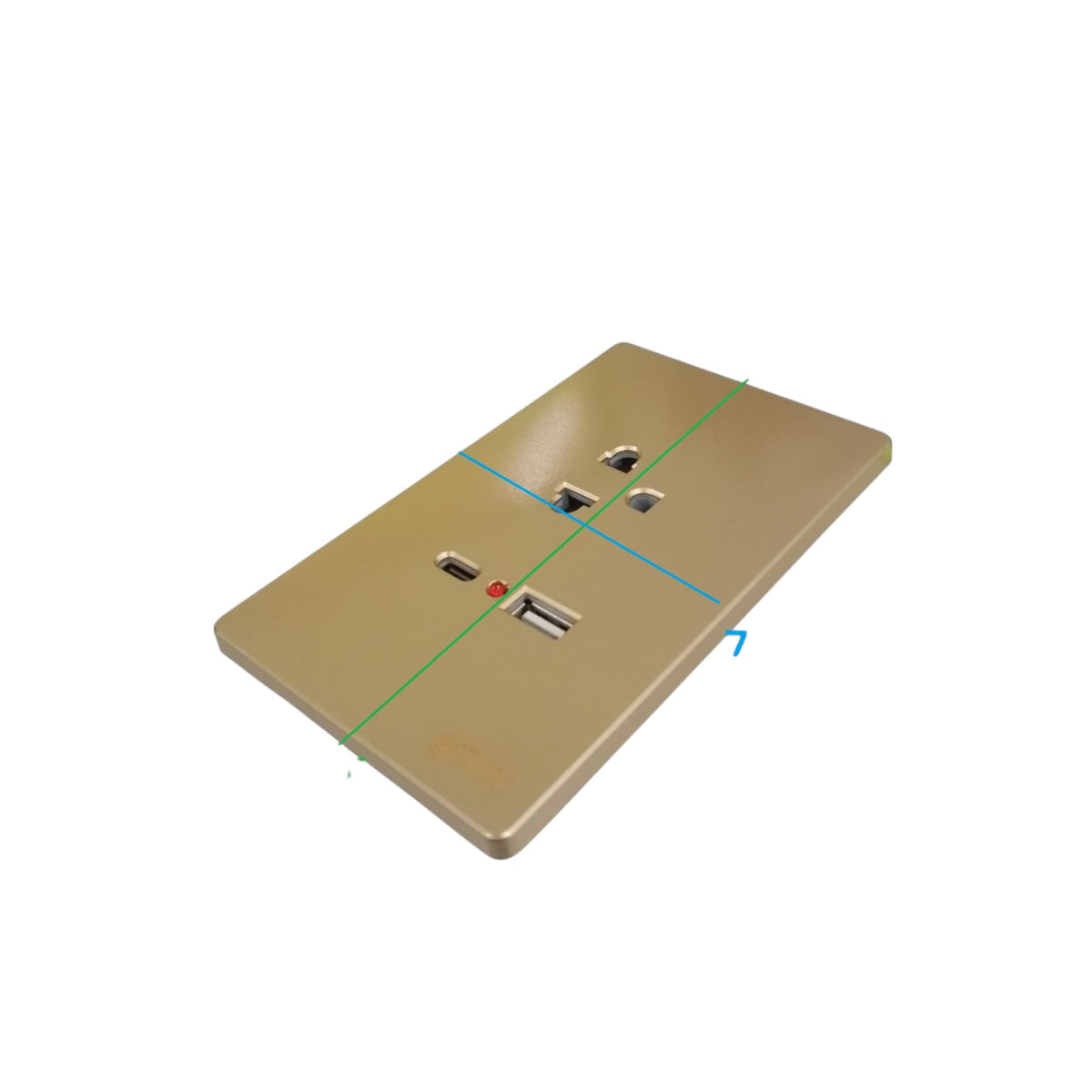 A single two-way wall switch plate with a USB charging port, finished in a metallic gold/champagne color, shown on a plain white background with green and blue measurement lines overlaid.