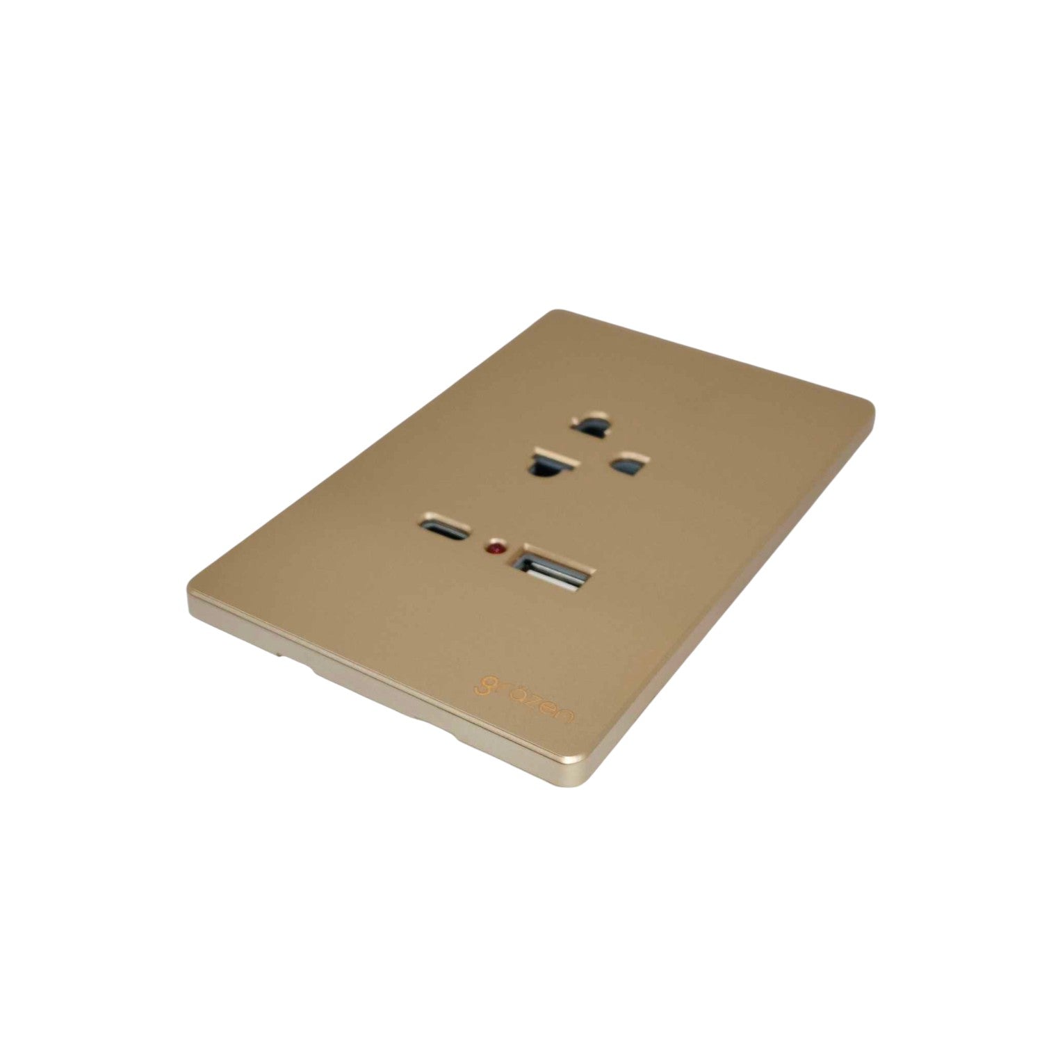 A modern rectangular wall outlet cover plate in a brushed gold finish, featuring a UK three-pin socket, two USB-A ports, and a small red LED indicator light, shown on a plain white background.
