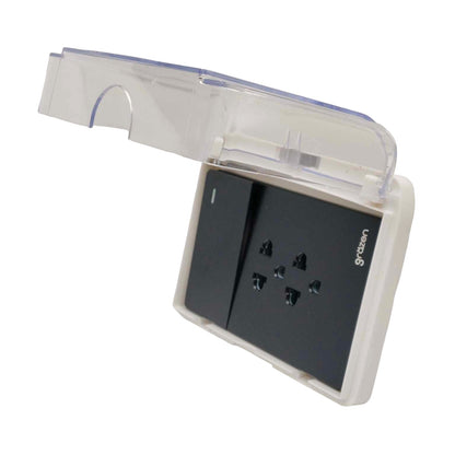 A black double outlet power strip with a clear plastic protective cover, shown at an angle on a white background. The brand name 'graceen' is visible on the right side of the black faceplate.