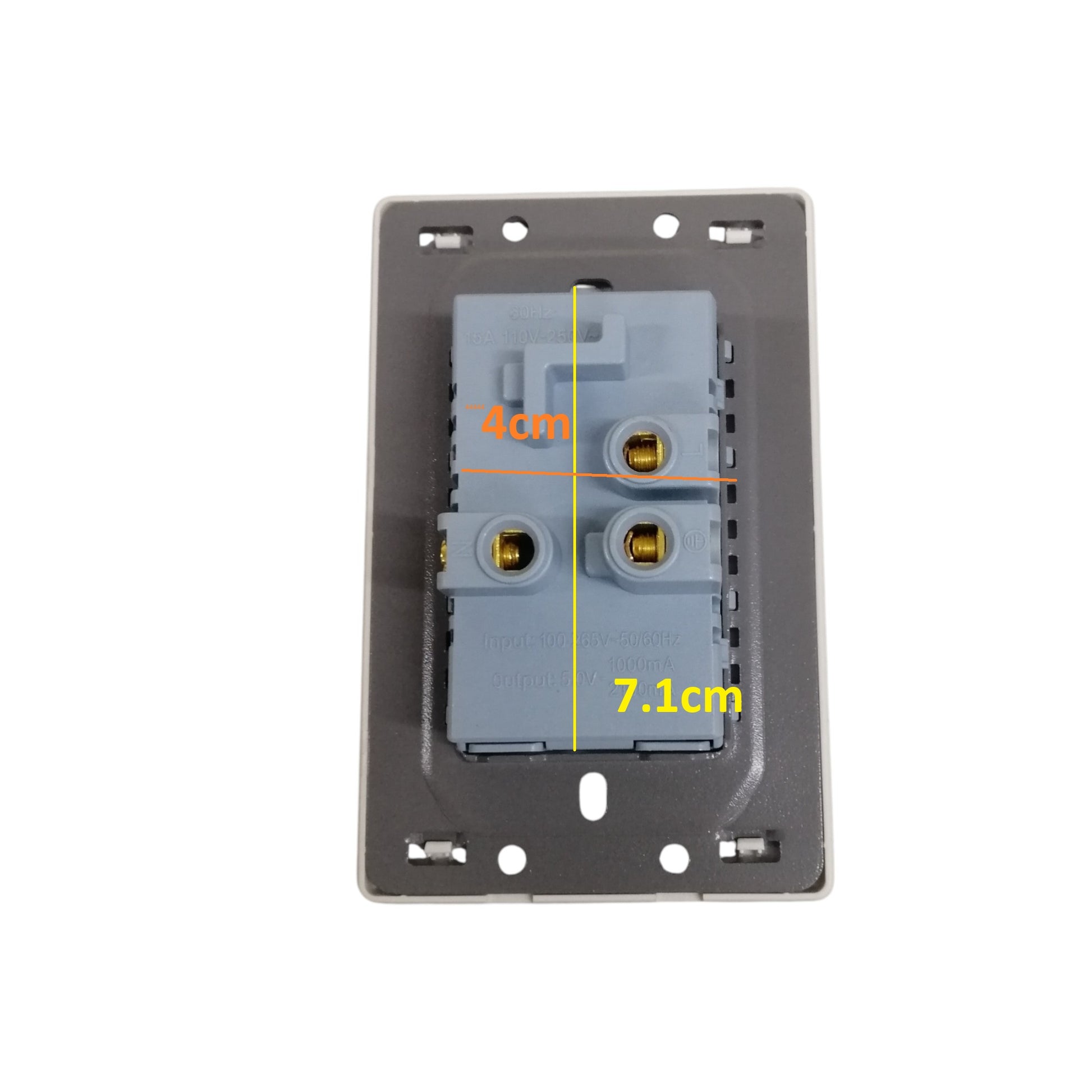 A gray electrical wall switch module with two terminal connectors, overlaid with dimension lines showing 4cm width and 7.1cm height on a plain white background.