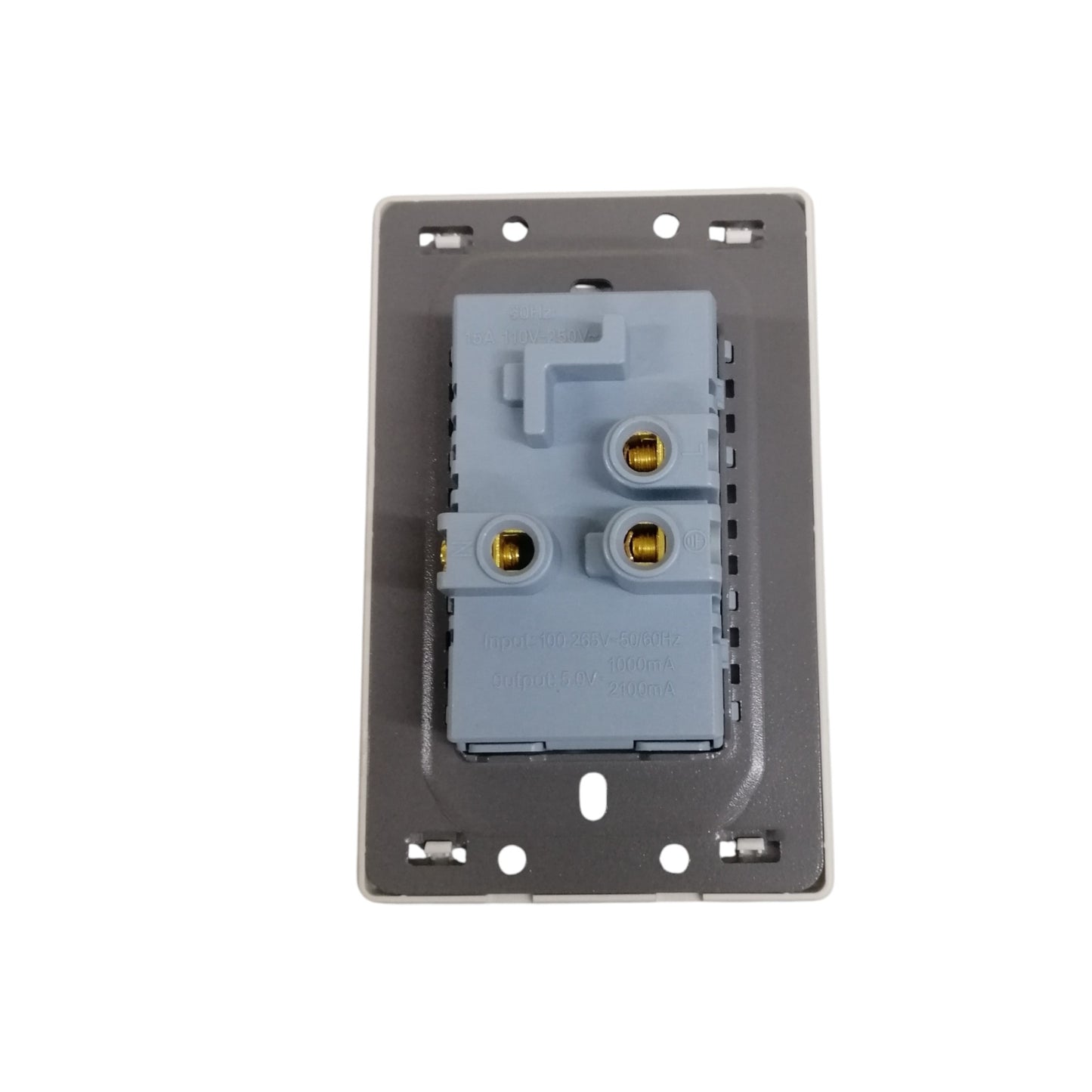 A gray electrical outlet backplate with a light blue-gray modular socket module featuring two gold terminal connectors, shown against a plain white background.