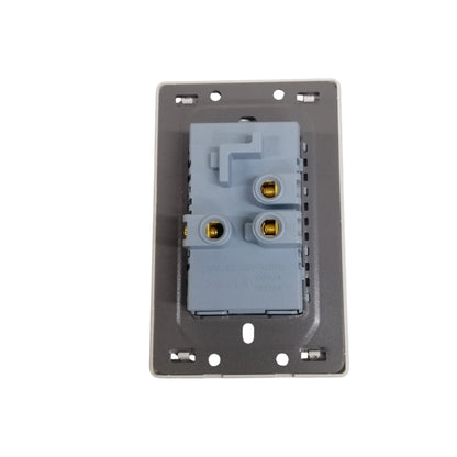 A gray electrical outlet backplate with a light blue-gray modular socket module featuring two gold terminal connectors, shown against a plain white background.