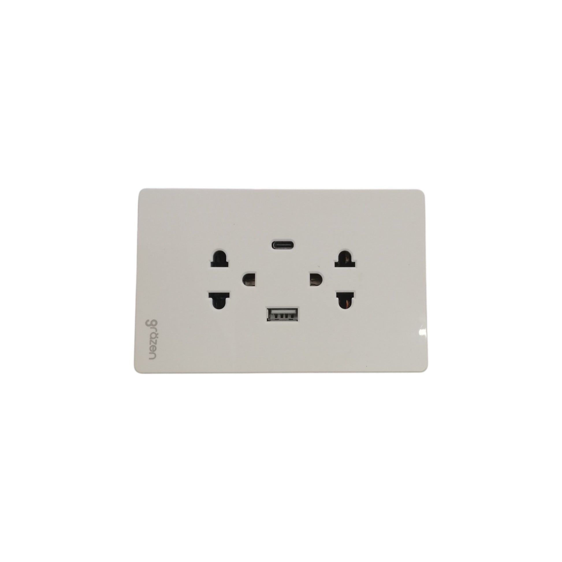 A white wall-mounted power strip featuring a dual UK three-pin wall outlet, a USB-C port, and a small LED indicator light, shown against a plain white background.