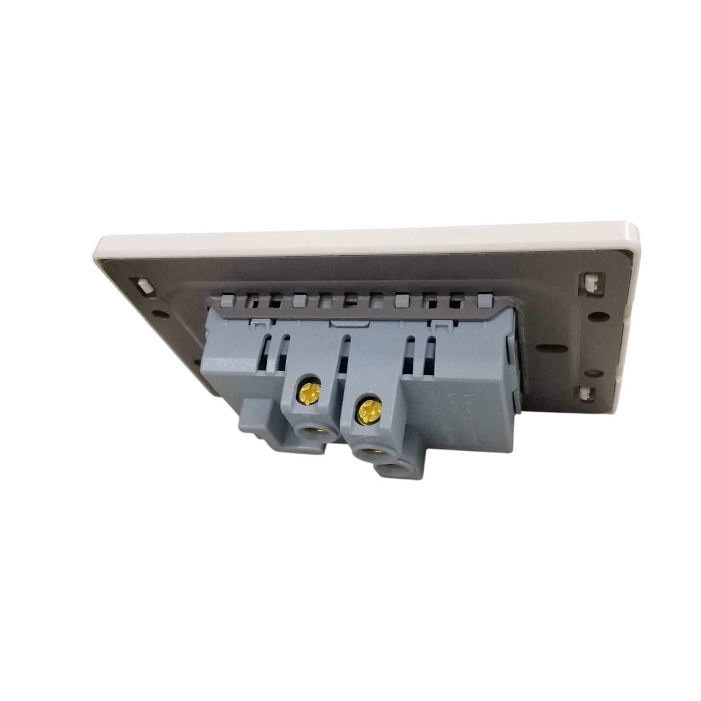 A gray electrical terminal block connector with two gold screw terminals, attached to a white mounting plate, shown on a plain white background.