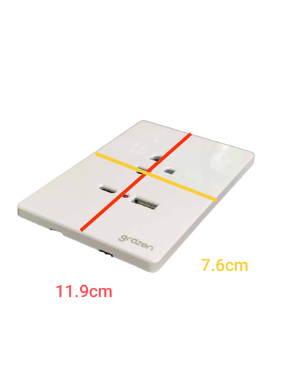 White wall outlet cover plate with two USB-A ports and a power strip socket, overlaid with red and yellow measurement lines and text showing dimensions 11.9cm, 7.