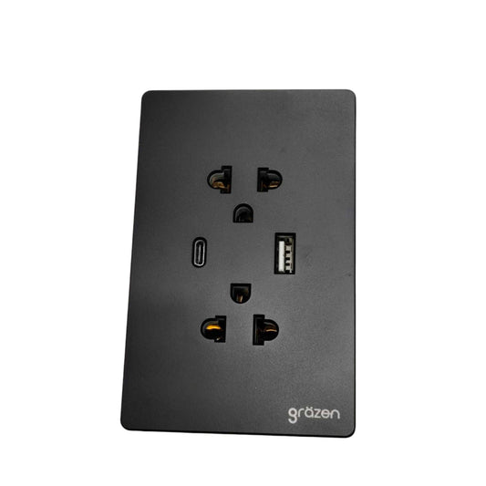 Grazen 2 Gang Outlet with USB-C 2100mAh Gra5VDC and USB-A 2100mAh 5VDC Outlet with Plate Cover GW-015 Black