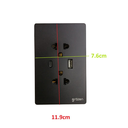 Grazen 2 Gang Outlet with USB-C 2100mAh Gra5VDC and USB-A 2100mAh 5VDC Outlet with Plate Cover GW-015 Black