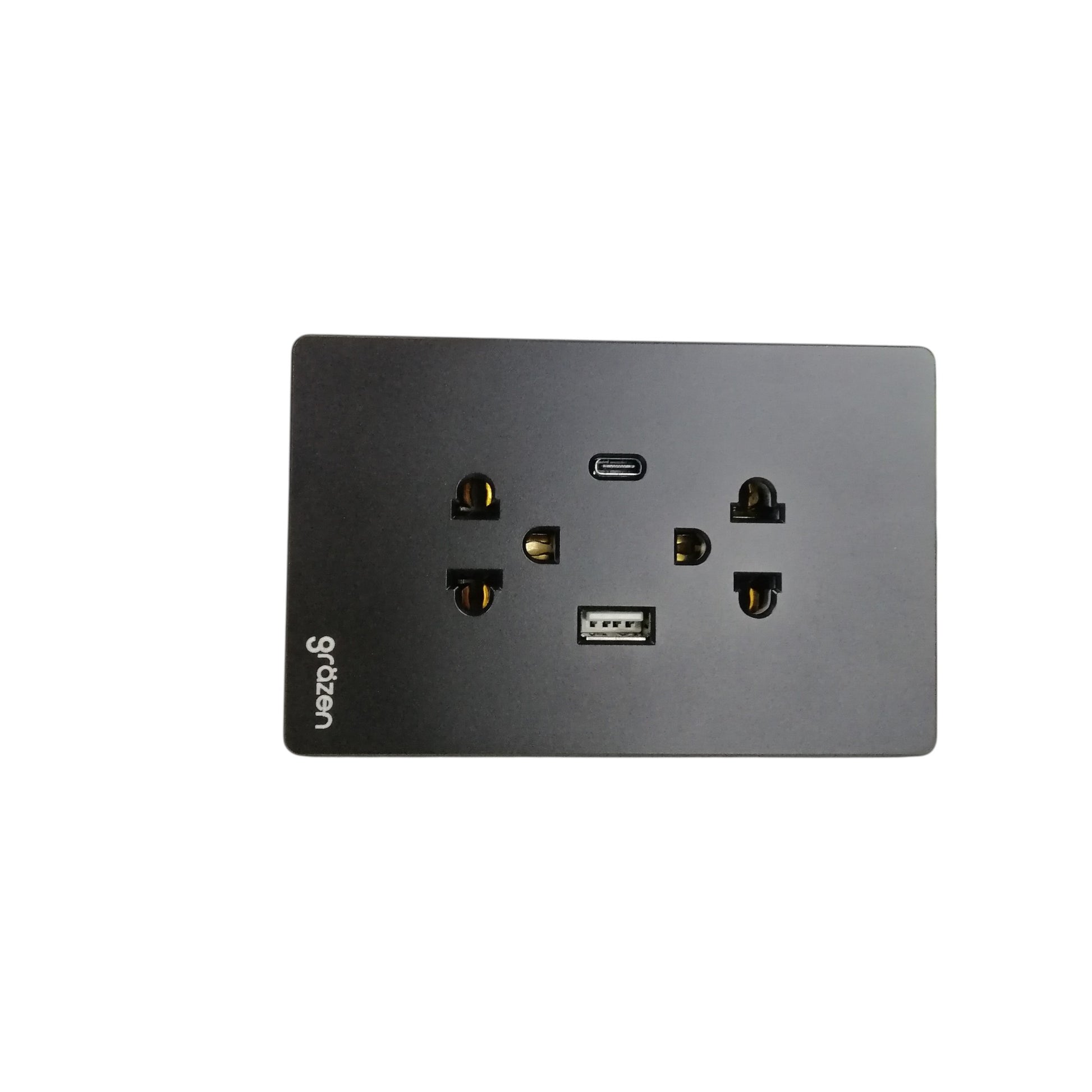 A black rectangular wall outlet panel with a USB-C port and a USB-A port, featuring the 'g-dosen' brand name on the left side, set against a plain white background.