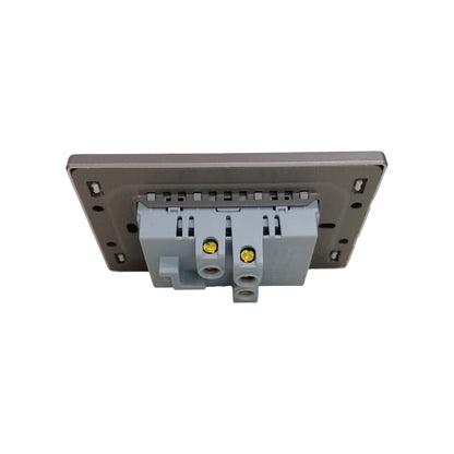 A gray industrial electrical terminal block connector with two yellow screw terminals, mounted on a larger gray metal plate with mounting holes, shown against a plain white background.