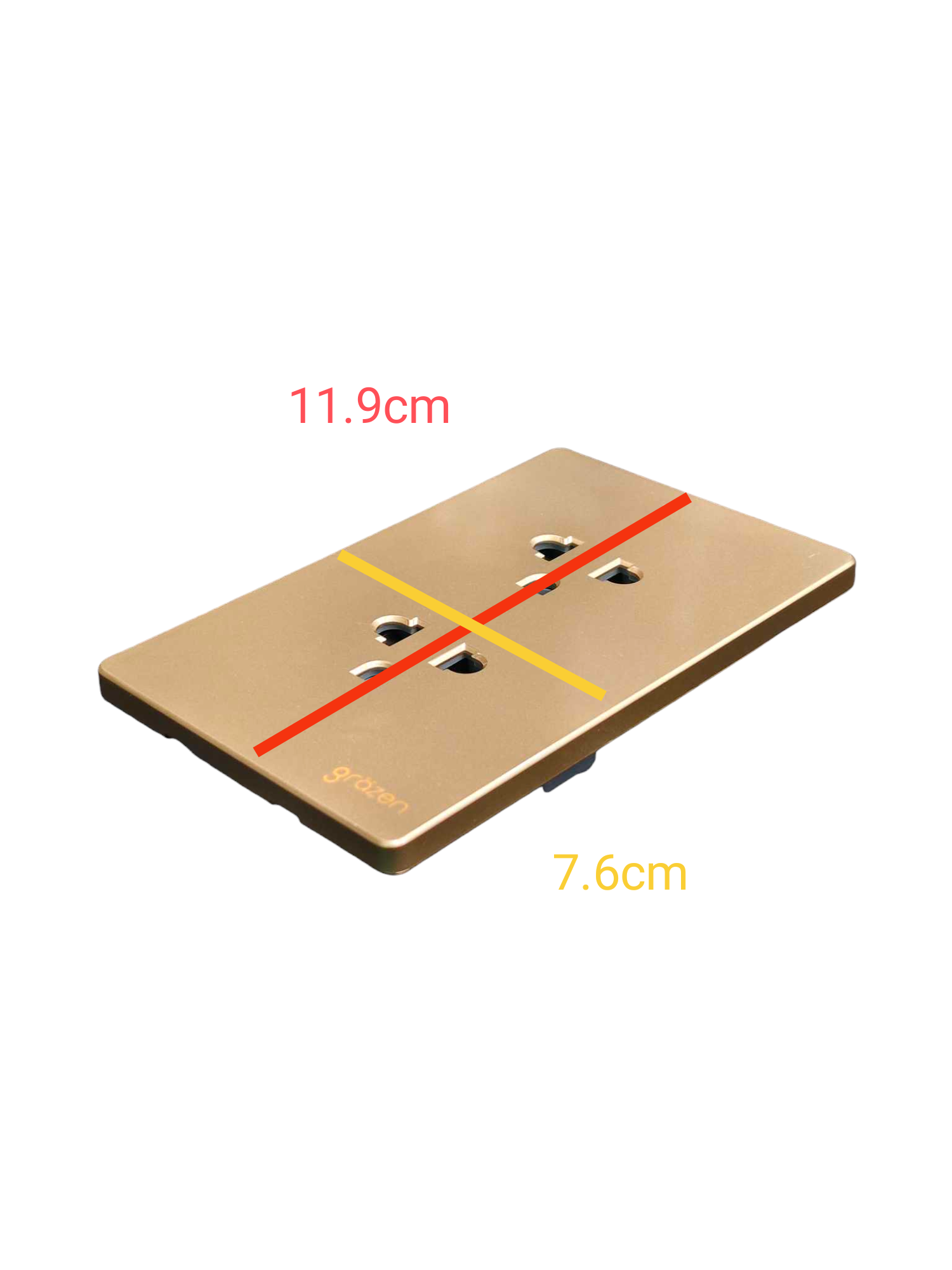 Grazen 2 gang Universal Outlet 16A 220V in a stylish gold finish with precise dimensions