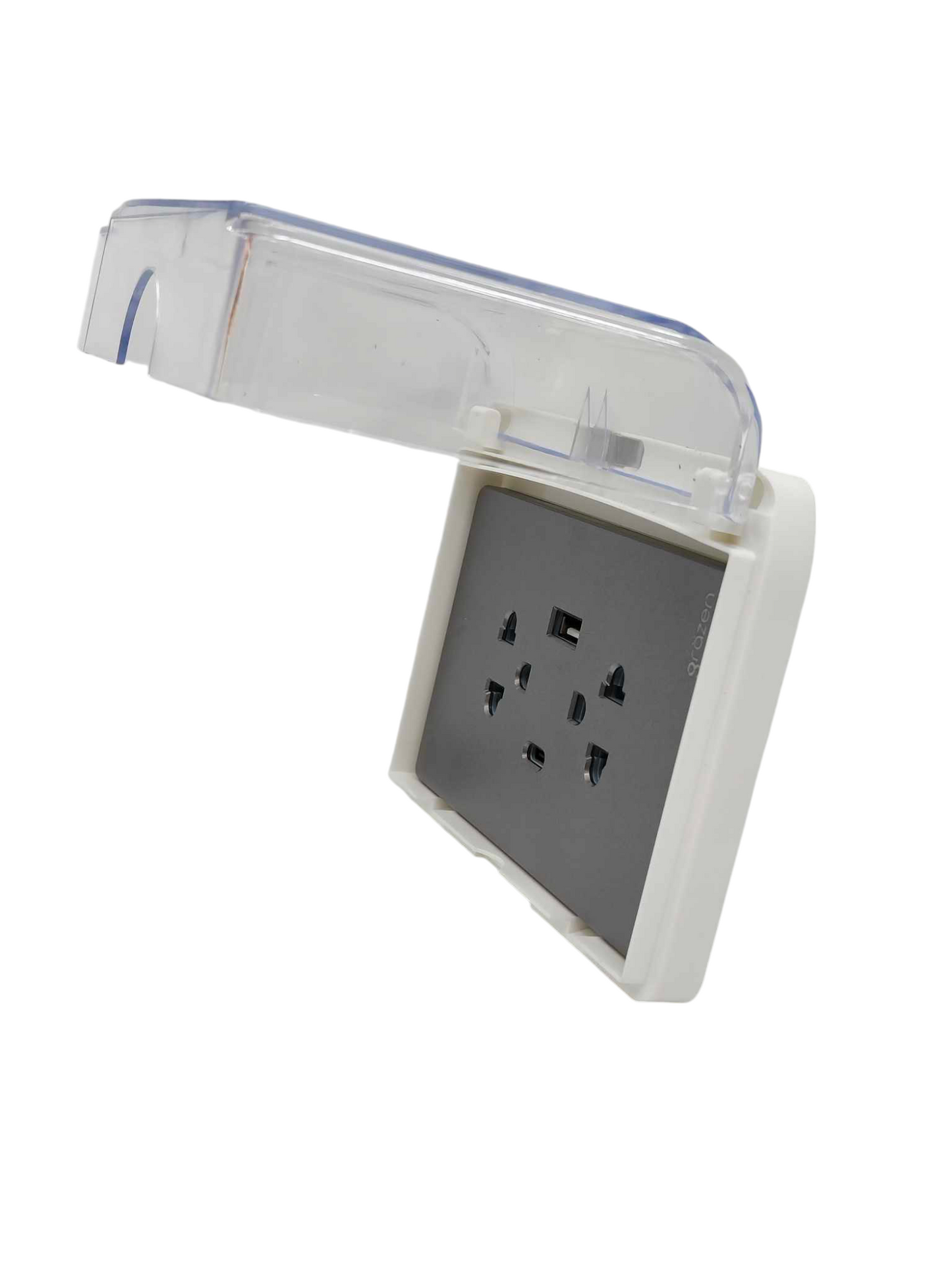 Grazen duplex plate cover 220V in white with clear protective lid and multiple socket openings