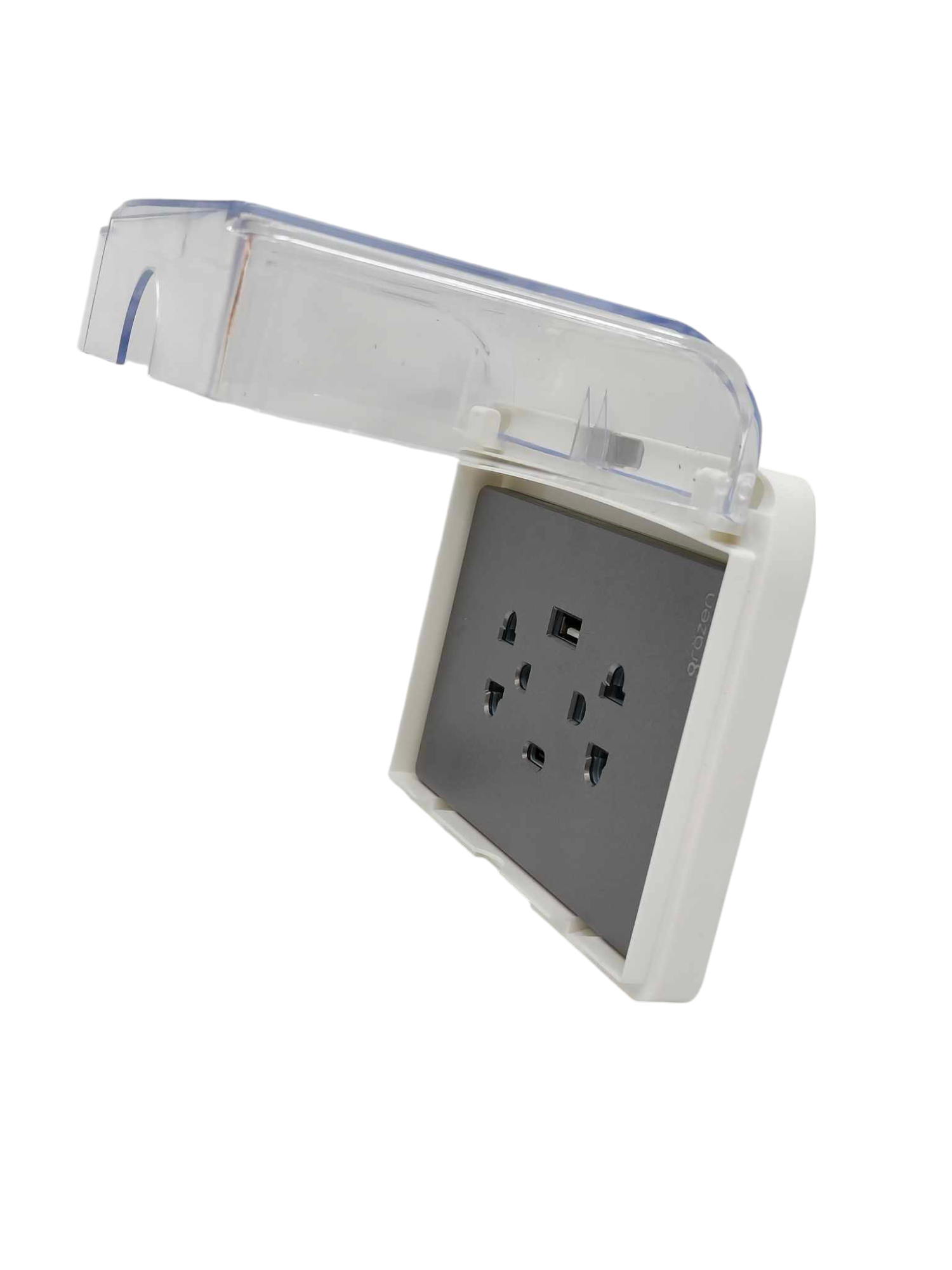 Grazen duplex plate cover 220V in white with clear protective lid and multiple socket openings