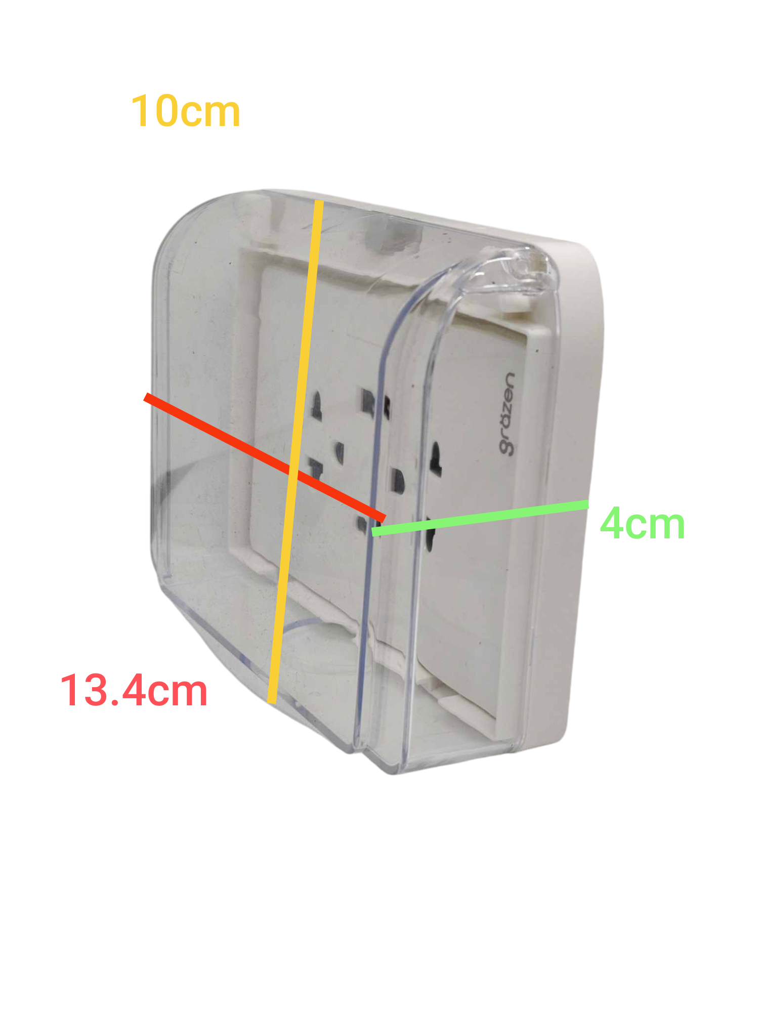 Grazen duplex plate cover 220V in clear design, measuring 10cm by 13.4cm for added protection