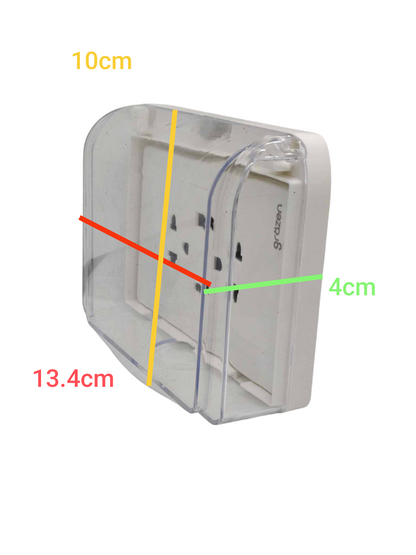 Grazen duplex plate cover 220V in clear design, measuring 10cm by 13.4cm for added protection