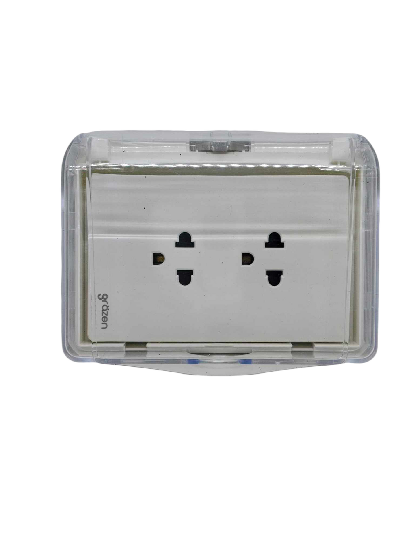 Grazen Weatherproof Duplex outlet 16A in a clear protective casing for outdoor use