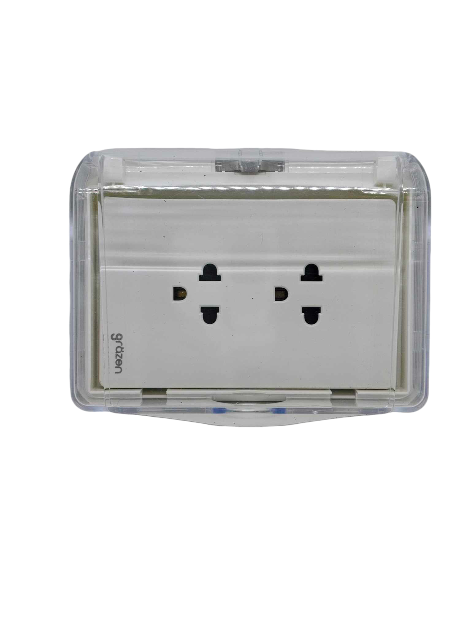 Grazen Weatherproof Duplex outlet 16A in a clear protective casing for outdoor use