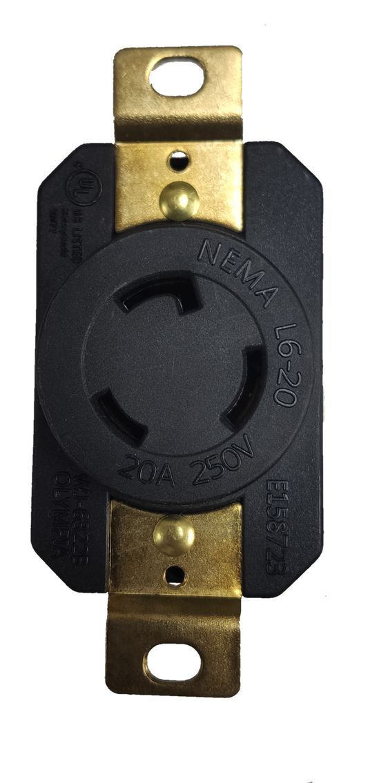 Grippes 20A Twist Lock Outlet NEMA L6-20 rated for 250 volts with brass mounting brackets