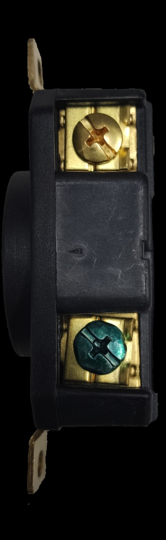 Grippes 20A Twist Lock Outlet side view showing brass terminals and secure mounting points