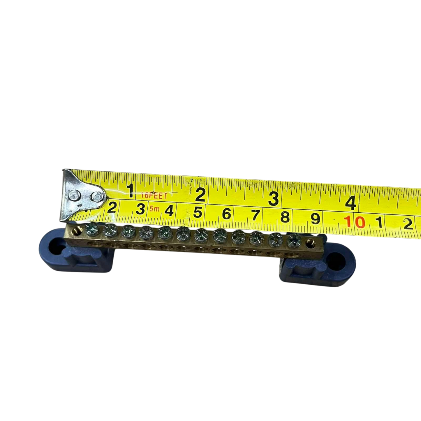 Grippes grounding bus bar 12 hole with attached measuring tape for size reference and installation details